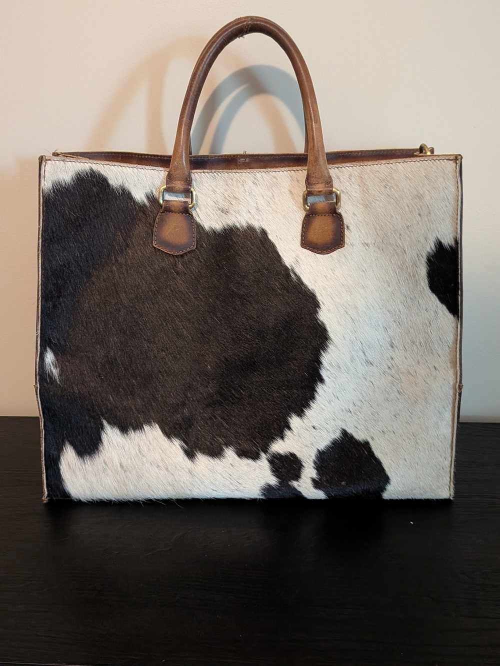 American Darling Cowhide Leather Top-Handle Tote Bag in Brown & White